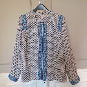 Chico's women woven classic tweed zippered blue gray jacket cardigan full zip 3